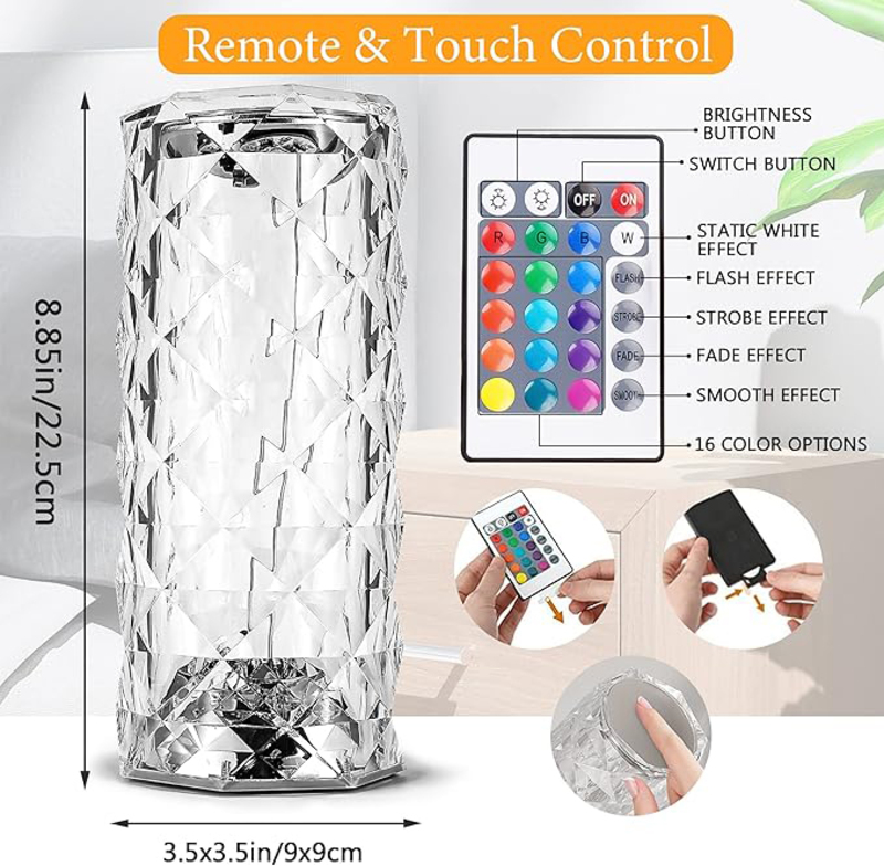 Newrgy Touch Remote Control Modern Nightstand Lamp 16 Colours Changing Rose Table Lamp, Clear