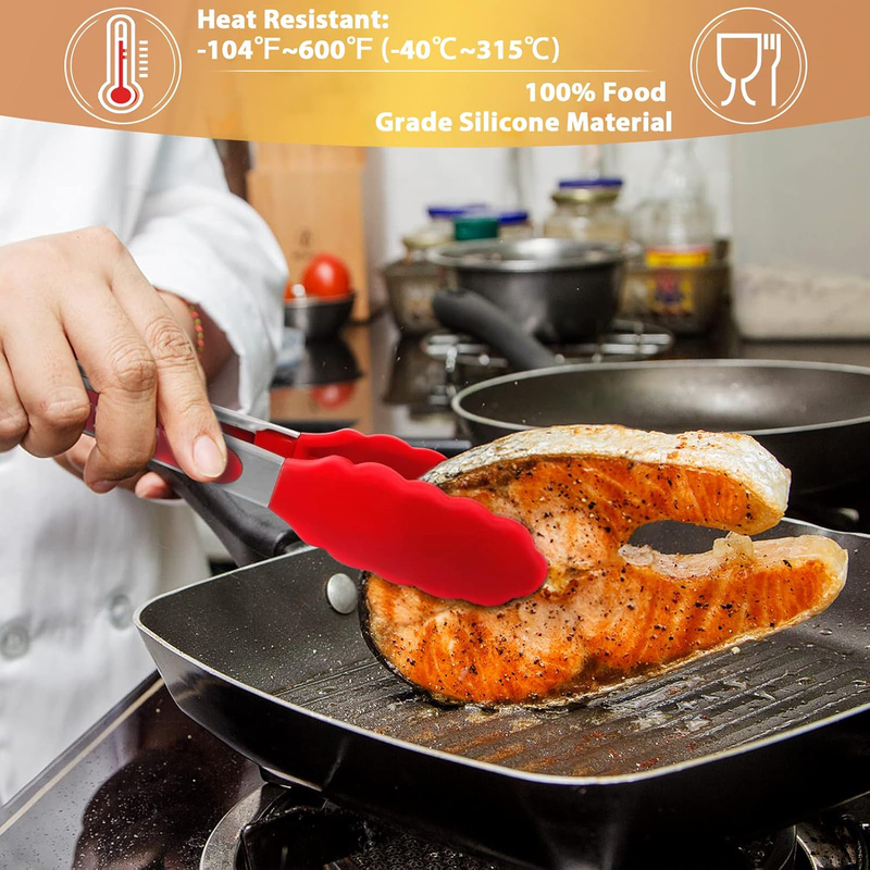 Silicone Tip Stainless Steel Cooking Tong, Non-Stick Heat Resistant 480°F, Red