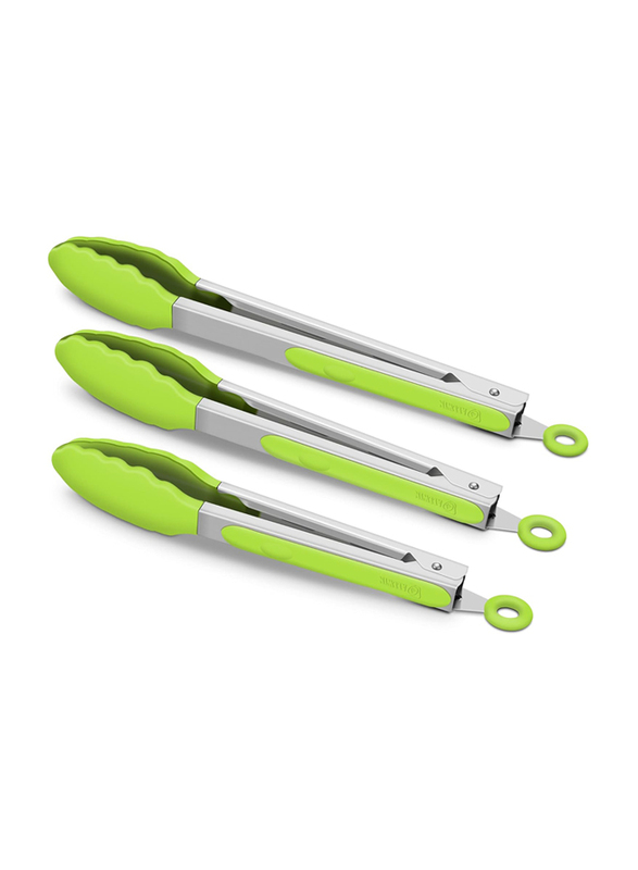 3-Piece Premium Silicone BPA Free Non-Stick Stainless Steel BBQ Cooking Grilling Locking Food Tongs, Green