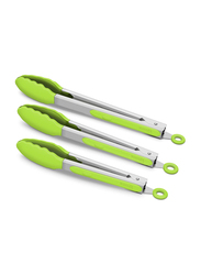 3-Piece Premium Silicone BPA Free Non-Stick Stainless Steel BBQ Cooking Grilling Locking Food Tongs, Green