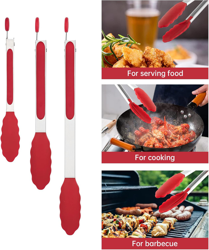 3-Piece Silicone Tip Stainless Steel Tongs Set, Non-Stick Heat Resistant 480°F, Red