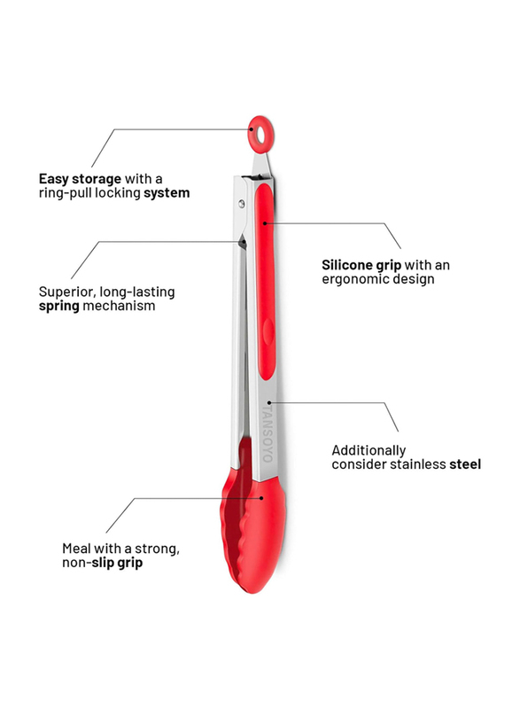 3-Piece Silicone Tip Stainless Steel Tongs Set, Non-Stick Heat Resistant 550°F, Red