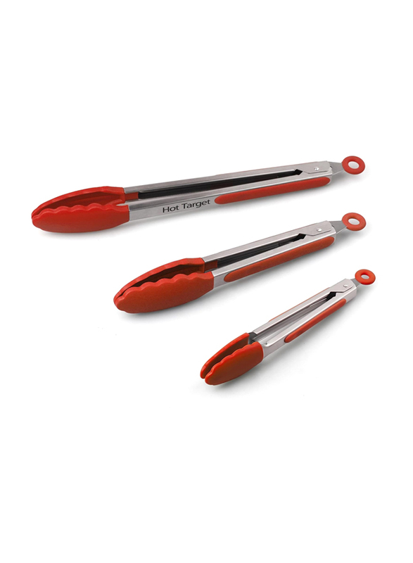 3-Piece Silicone Tip Stainless Steel Tongs Set, Non-Stick Heat Resistant 480°F, Red