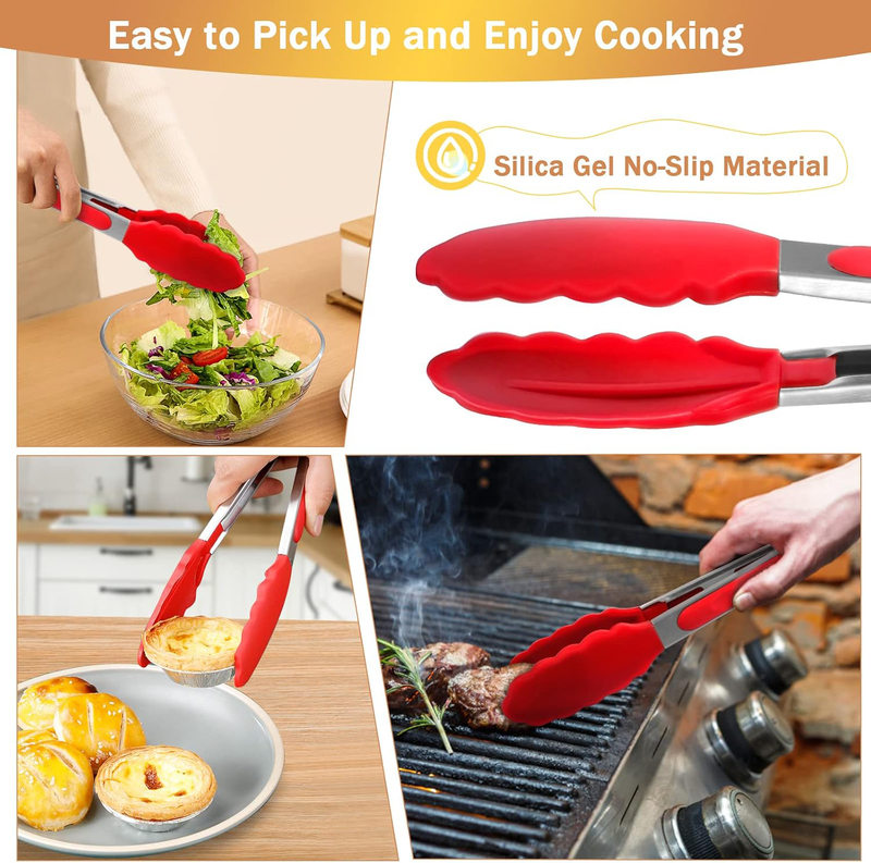 Silicone Tip Stainless Steel Cooking Tong, Non-Stick Heat Resistant 480°F, Red