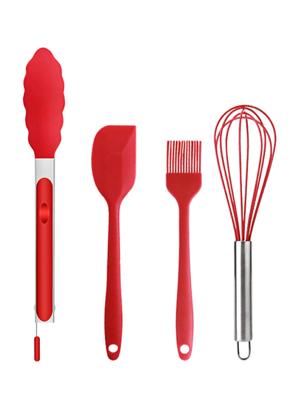 Irovami 4-Piece Silicone Kitchen Utensils Set Egg Whisk Angled Spatula Oil Brush Food Tong, Red