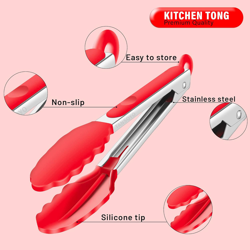 3-Piece Silicone Tip Stainless Steel Tongs Set, Non-Stick Heat Resistant 550°F, Red