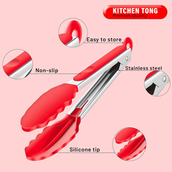 3-Piece Silicone Tip Stainless Steel Tongs Set, Non-Stick Heat Resistant 550°F, Red