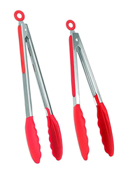 2-Piece Silicone Tip Stainless Steel Tongs Set, Non-Stick & Heat Resistant 480°F, Red