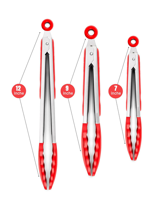 3-Piece Silicone Tip Stainless Steel Tongs Set, Non-Stick Heat Resistant 550°F, Red