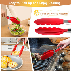 Silicone Tip Stainless Steel Tong, Non-Stick Heat Resistant 480°F, Red