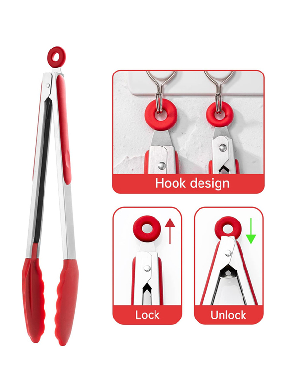 3-Piece Silicone Tip Stainless Steel Tongs Set, Non-Stick Heat Resistant 480°F, Red