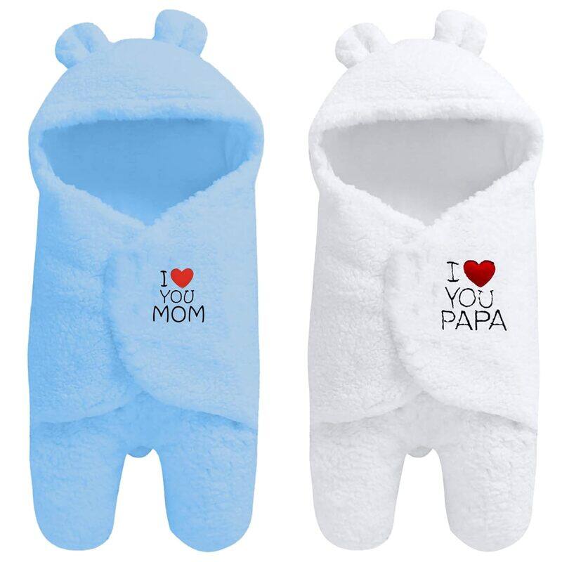 

OYO BABY Newborn Combo Hooded Baby Blanket with Embroidery Wearable Wrapper Sleeping Bag 0-6 Months, Blue & White