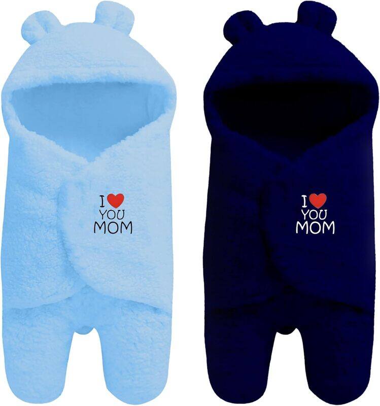 

OYO BABY Newborn Combo Hooded Baby Blanket with Embroidery Wearable Wrapper Sleeping Bag 0-6 Months, Blue & Dark Blue Print I Love Mom