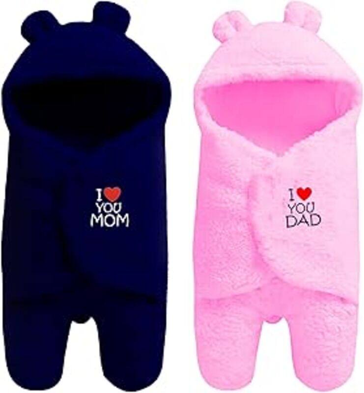 

OYO BABY Newborn Combo Hooded Baby Blanket with Embroidery Wearable Wrapper Sleeping Bag 0-6 Months, Dark Blue & Pink, I Love MOM & DAD