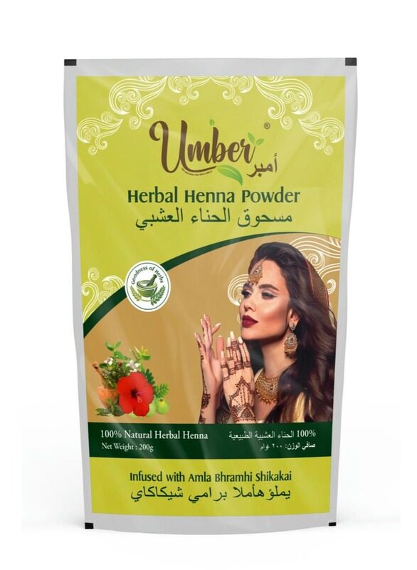 

Umber Pure and Natural Henna Powder for Hair with Herbals (Amla, Bhringraj, Brahmi, Aritha, Shikakai, Neem) - 200 gms