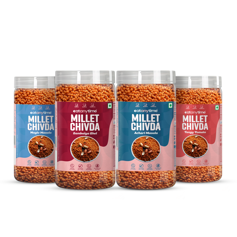 

Eat Anytime Millet Chivda Snacks 4 Flavours Pack Magic Masala Bambaiya Bhel Achari Masala Tangy Tomato Rich In Fiber Protein Gluten Free No Artificial