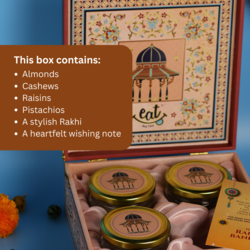 EAT ANYTIME Rakhi Box  Forever Linked Premium Rakhi Gift Box  Featuring Almonds, Cashews, Raisins, Pistachios & Beautiful Rakhi  Perfect Gift Box for Brother/Sister  "Festive Gift Set"