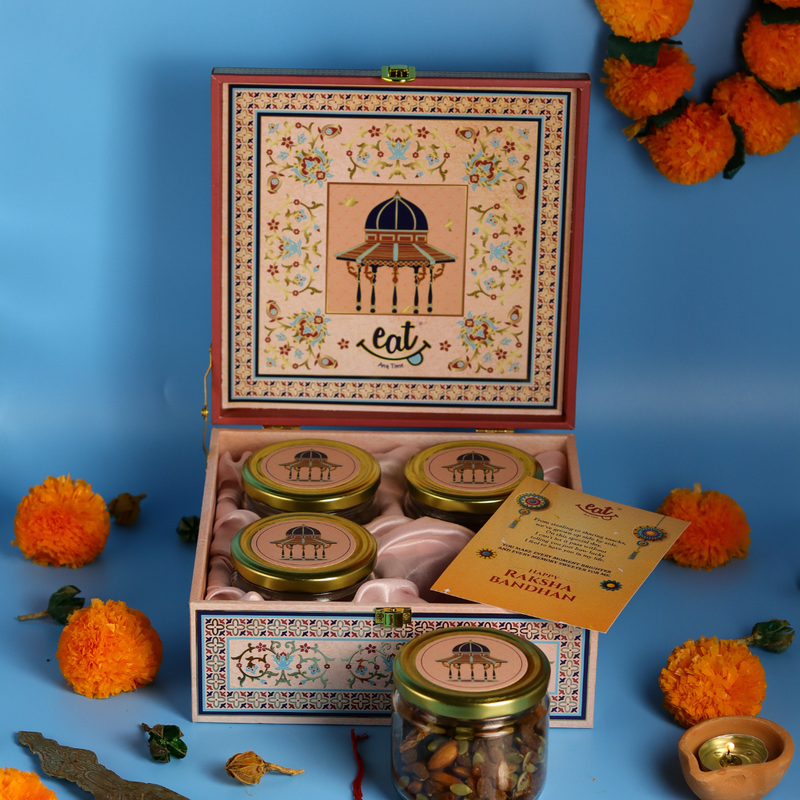 EAT ANYTIME Rakhi Box  Forever Linked Premium Rakhi Gift Box  Featuring Almonds, Cashews, Raisins, Pistachios & Beautiful Rakhi  Perfect Gift Box for Brother/Sister  "Festive Gift Set"