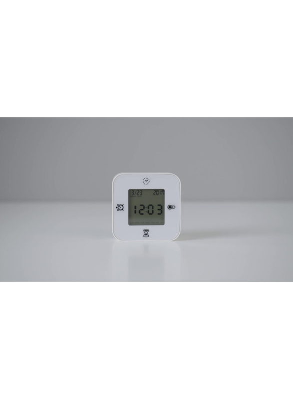 Clock/thermometer/alarm/timer, white, 7x7 cm