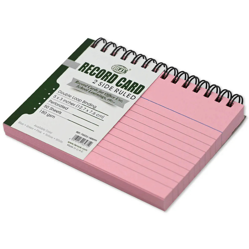 FIS Ruled Record Card 180 GSM 5X3 Inch Double Loop Spiral 50 Sheets Pink -FSIC53-180SPPI