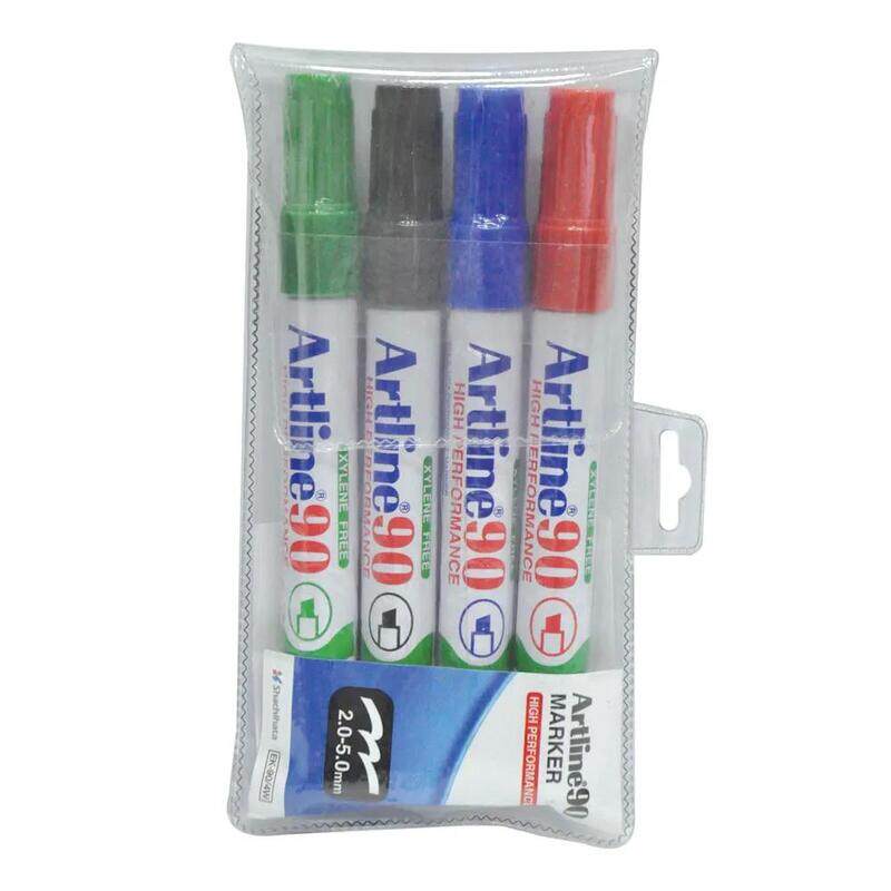 Artline 90 Permanent Markers 2.0mm-5.0mm, Pack of 4 Pcs, Assorted Colors, Acrylic Fibre Tip, Chisel Style - ARMK90XFS-4