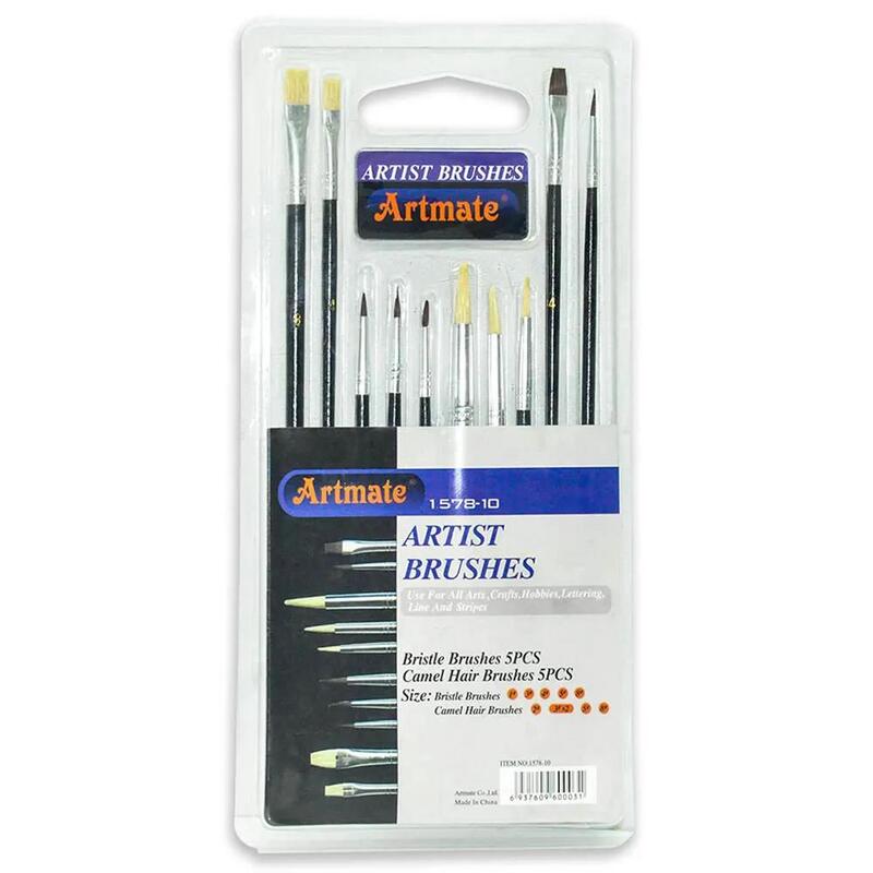 Artmate Artist Brushes (3 Flat & 7 Round Brushes) Assorted Colors - Set Of 10 Pieces - JIAB1578-10