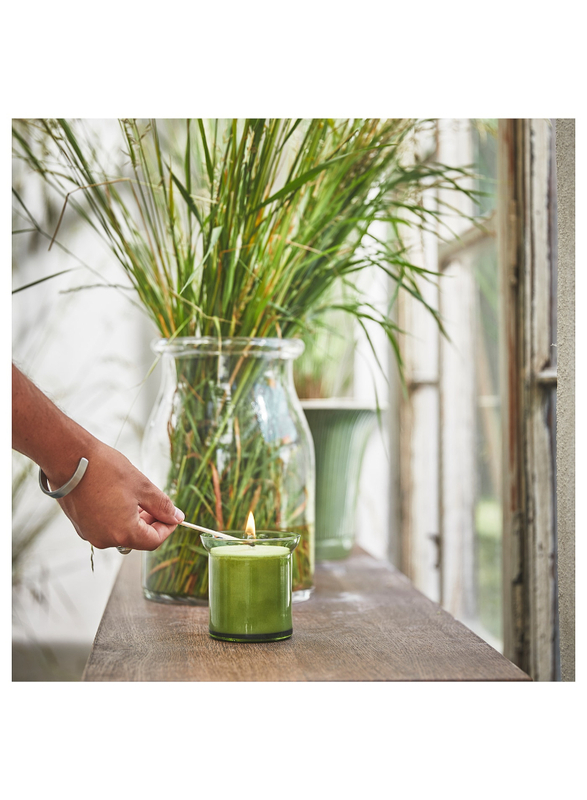 Scented candle in glass, Fresh grass/light green, 50 hr