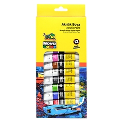 Nova Color  Acrylic Paint 12Ml, Set Of 12 Colors (Blue,Green,Yellow,Red,Brown,Light Green,Light Blue,Purple, Orange,Black, Pink And White) -KRPBNC-2004