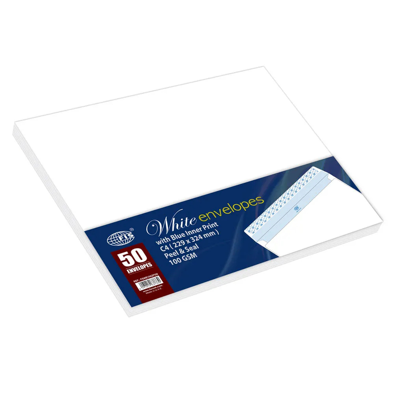 FIS White Envelopes Glued Peel & Seal Inner Print Blue, Pack of 50 Pcs. C4 (229 x 324 mm), 100 GSM - FSWE1042PI50