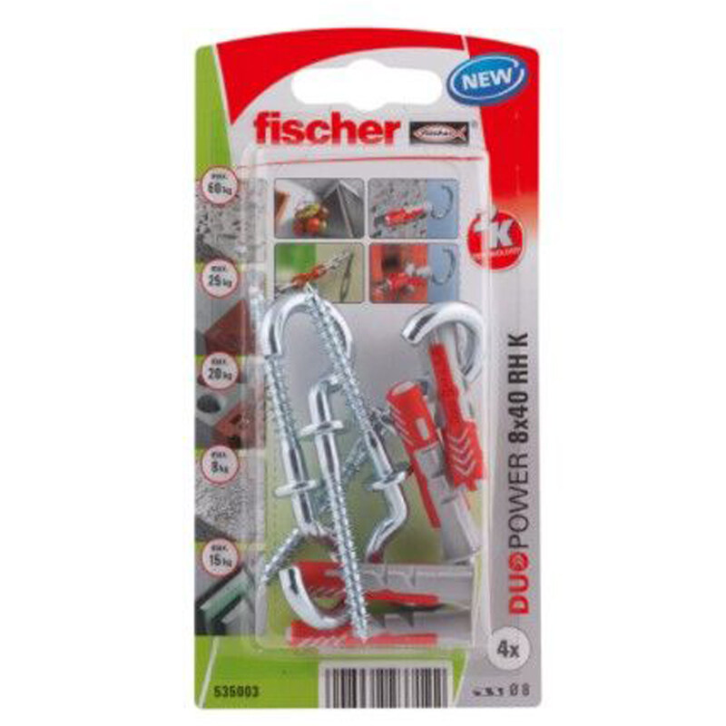 

Fischer Universal Plug 8 x 40mm + Round Hook 4Pcs DUOPOWER 8X40 RH K NV 535003