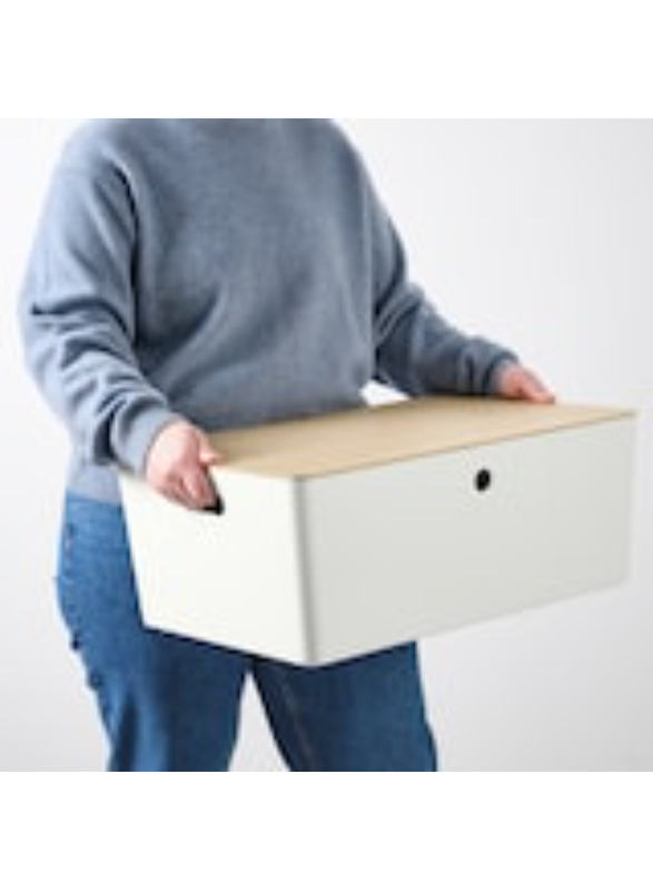 Box with lid, white/bamboo, 37x54x21 cm