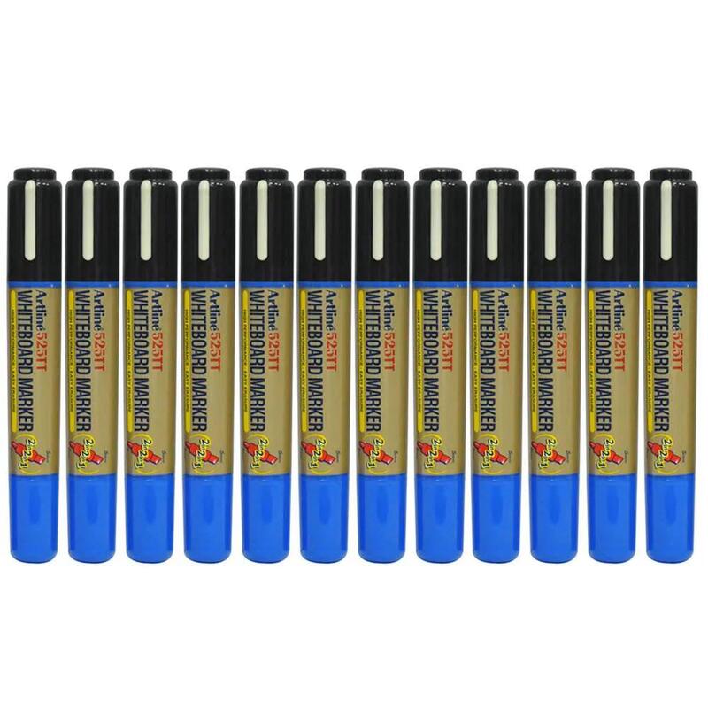 Artline 525T 2in1 Whiteboard Markers 2.0mm-5.0mm, Pack of 12 Pcs, Black/Blue Colors, Polyester Fibre Tip - ARMK525TBKBL