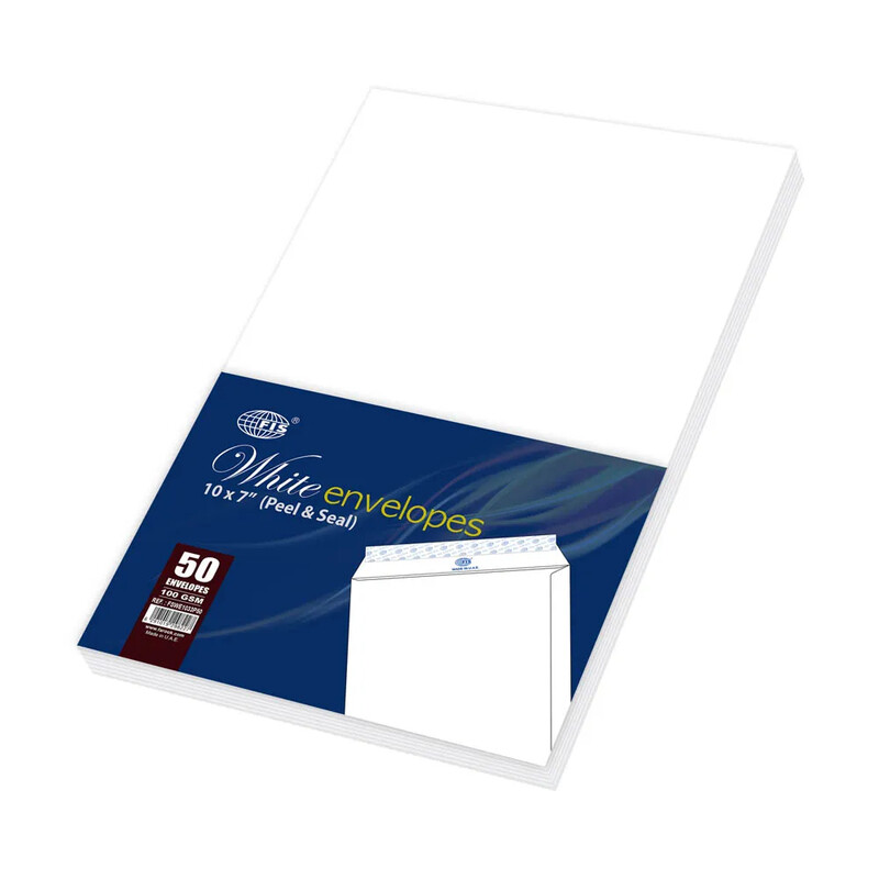 

Generic FIS White Envelopes Peel & Seal, Pack of 50 Pcs. 10 x 7 Inch, 100 GSM - FSWE1033P50