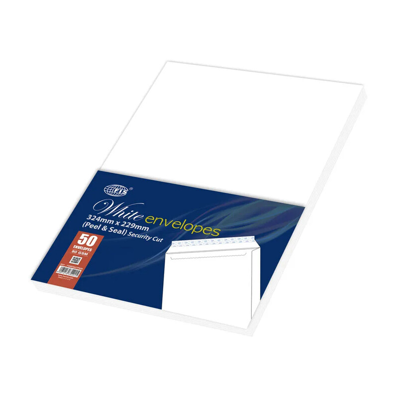 

Generic FIS White Envelopes Peel & Seal, Security Cut, Pack of 50 Pcs. C4 (324 X 229 mm), 80 GSM - FSWE8027PS50