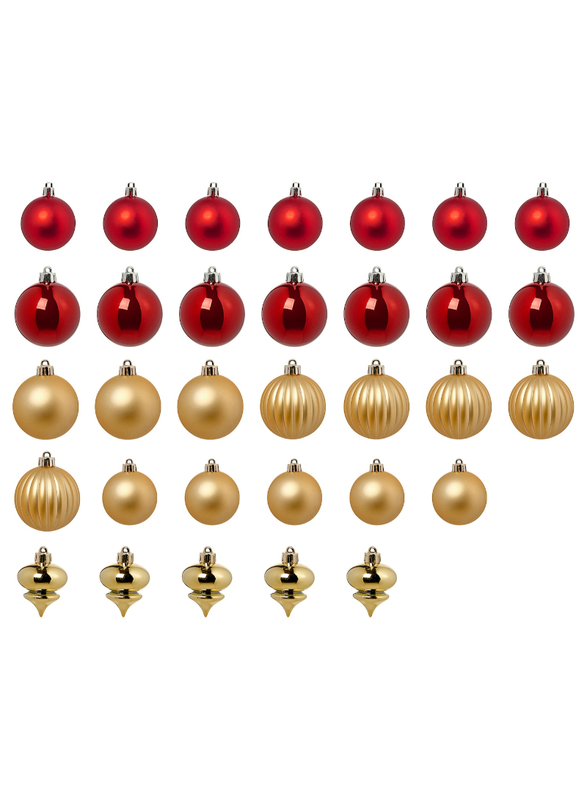 Tree ornament set of 32, bauble mixed shapes/red gold-colour