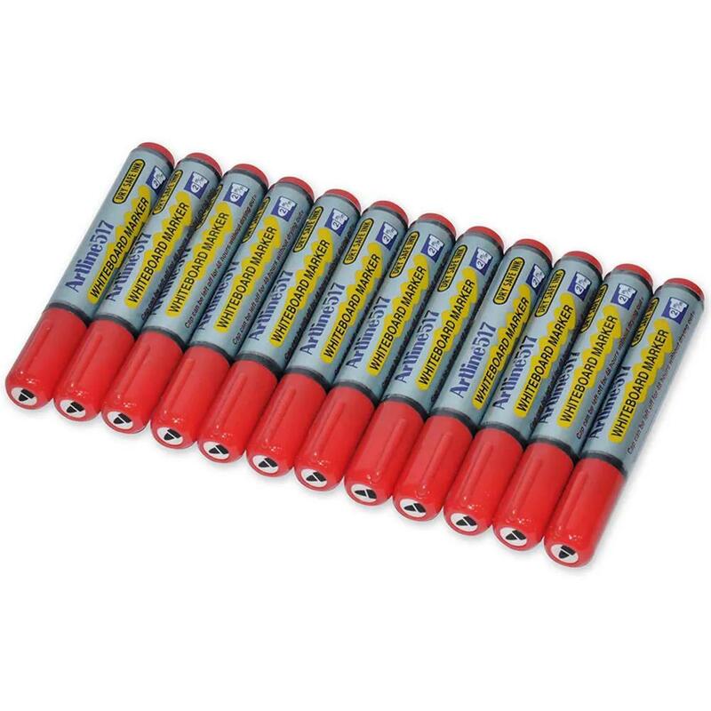 Artline 517 Whiteboard Markers 2.0mm, Pack of 12 Pcs, Red Color, Polyester Fibre Tip, Bullet Style - ARMK517RE