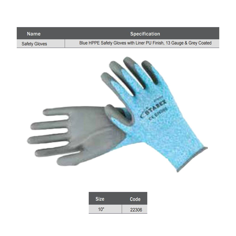 Starex Safety Gloves 10" 13G Blue HPPE Liner PU Grey Coated ST22306