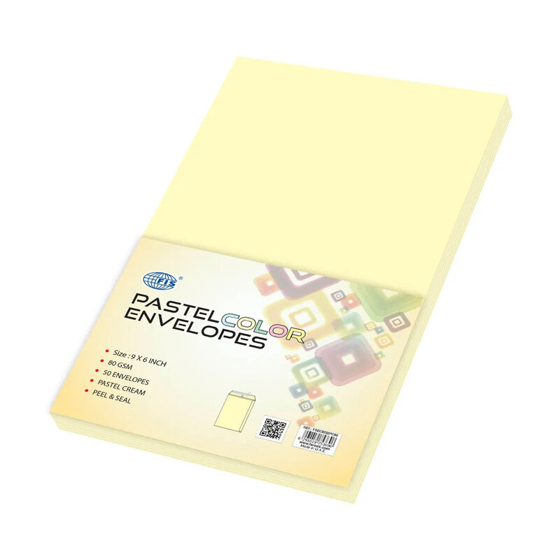 

Generic FIS Pack of 50 Pastel Color Envelopes, 80 GSM, Peel & Seal, Size 9 X 6 Inch, Color Cream