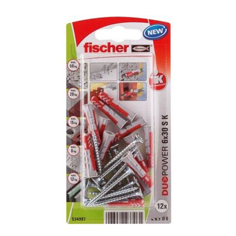 Fischer Universal Plug 6 x 30mm + Countersunk Screw 12Pcs DUOPOWER 6X30 S K NV 534997