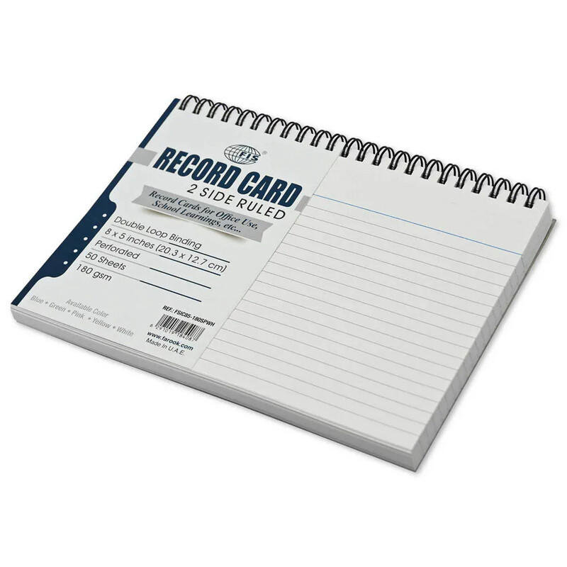 FIS Ruled Record Card 180 GSM 8X5 Inch Double Loop Spiral 50 Sheets White -FSIC85-180SPWH