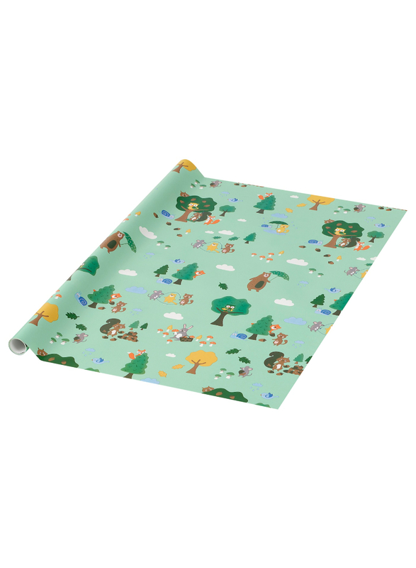 Gift wrap roll, green/forest animal pattern, 3.0x0.7 m