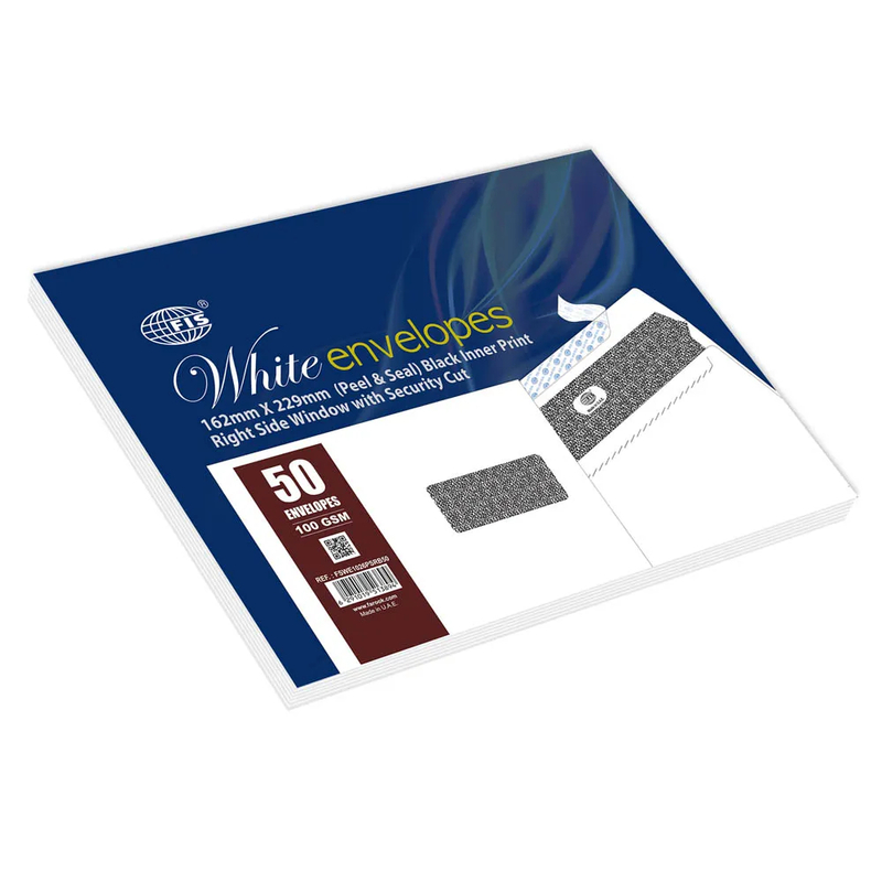 

Generic FIS White Envelope Peel & Seal, Right Window, Security Cut, Inner Print, Pack of 50 Pcs. C5 (162 X 229 mm), 100 GSM - FSWE1026PSRB50