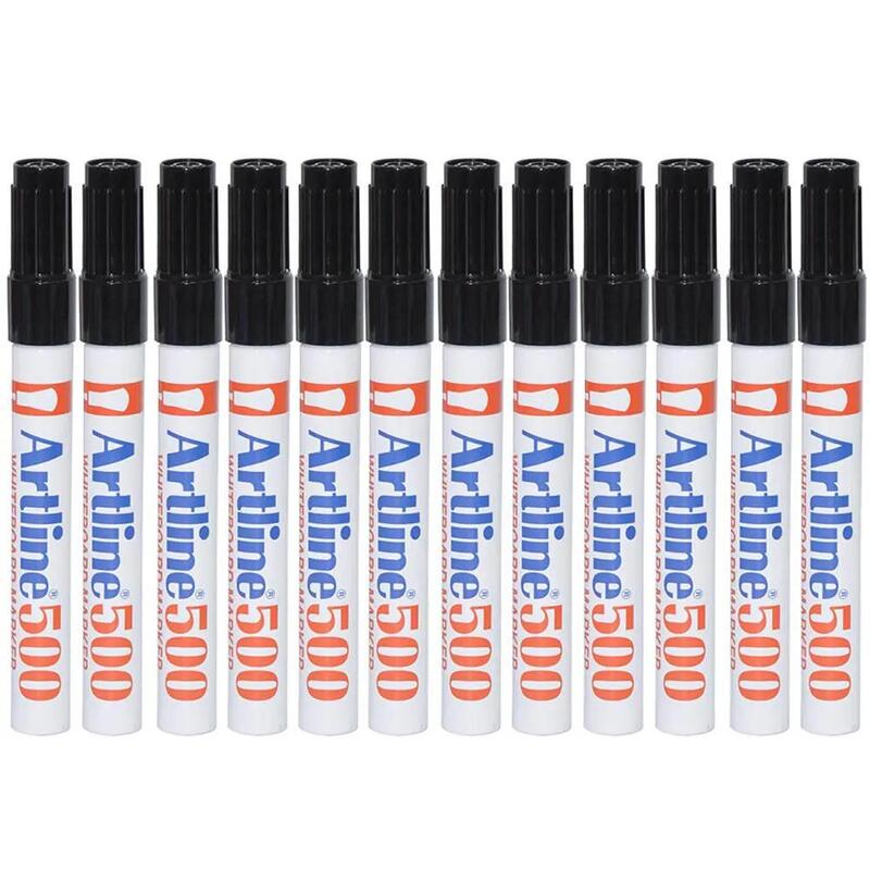 Artline 500 Whiteboard Markers 2.0mm, Pack of 12 Pcs, Black Color, Acrylic Fibre Tip, Bullet Style - ARMK500BK