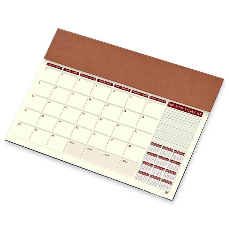 FIS 2024 Year Planner with PVC Desk Blotter and Italian PU Flap - English / French, Brown - FSDKPEF24BR