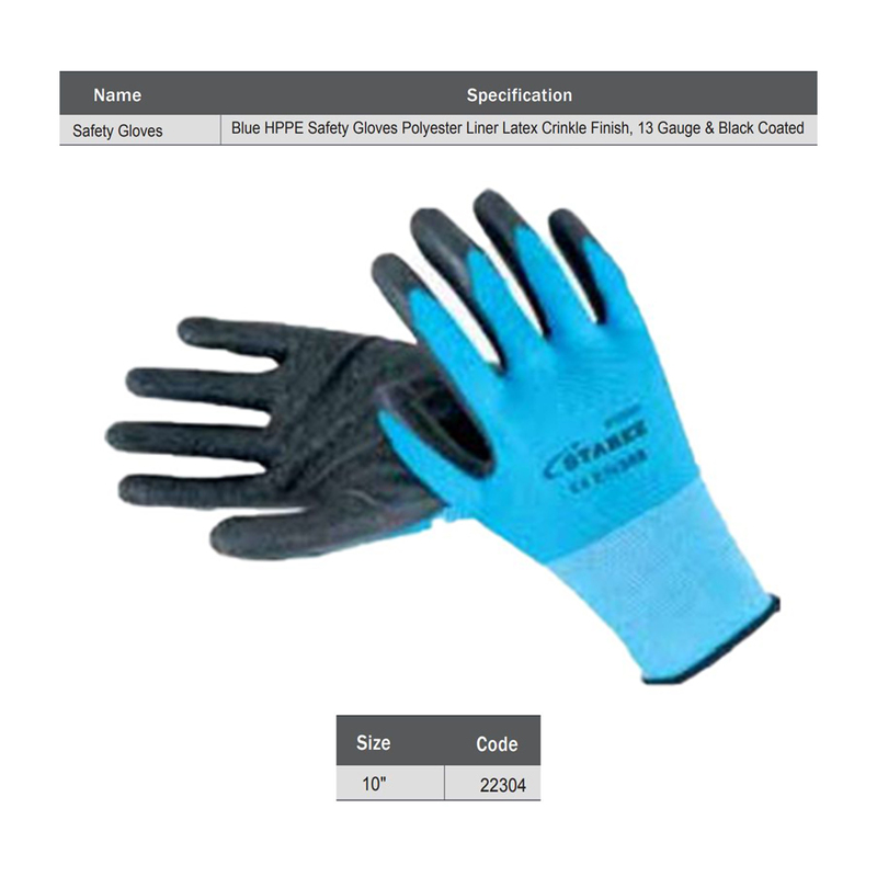 Starex Safety Gloves 10" 13G Blue Polyester Liner Latex Crinkle Finish Black Coated ST22304