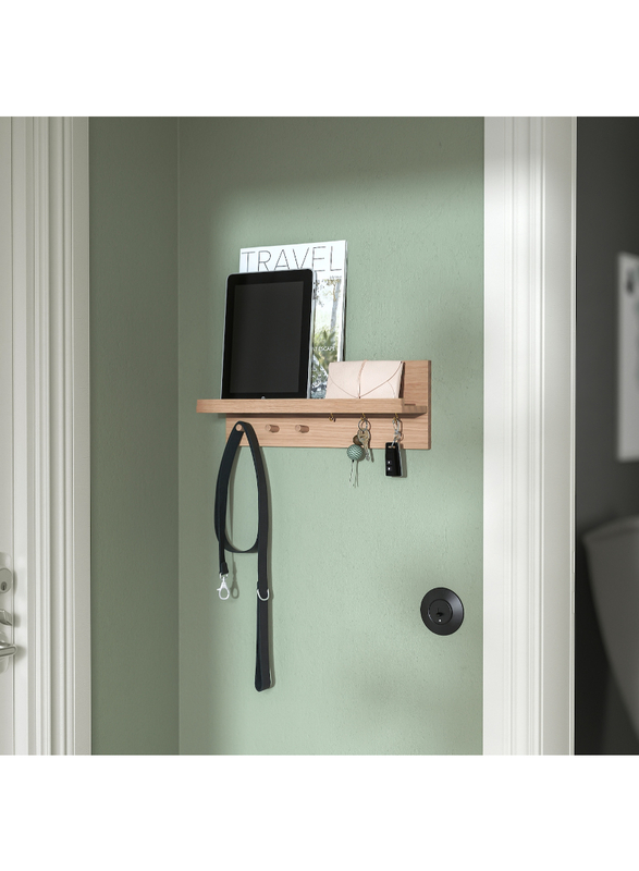 Wall organiser w hooks, oak, 42x15x11 cm