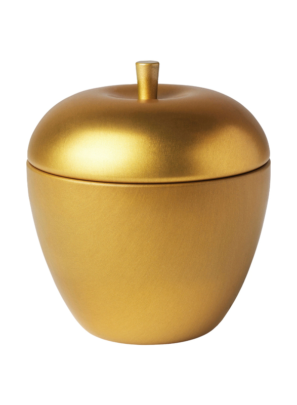 Scented candle in metal tin, apple-shaped/Winter apples gold-colour, 24 hr