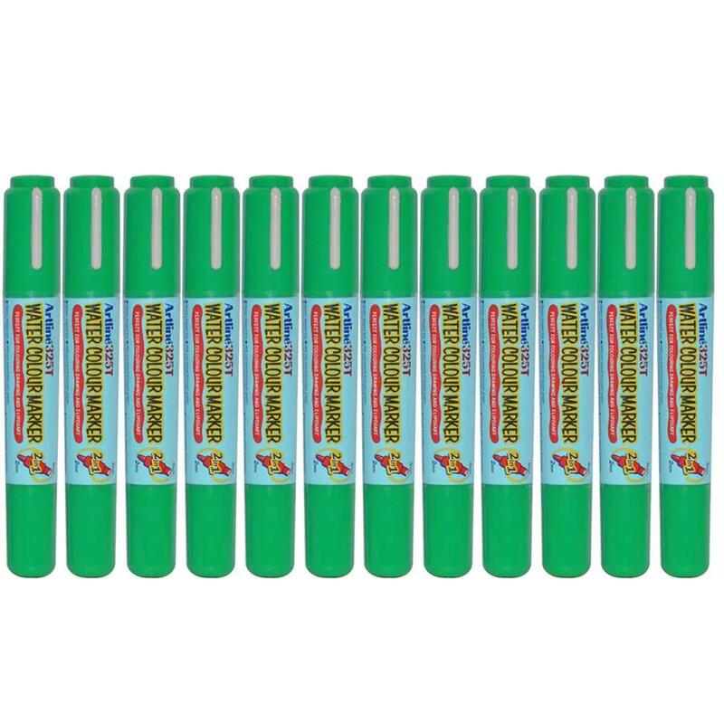 Artline 325T 2in1 Water Colour Markers 2.0mm-5.0mm, Pack of 12 Pcs, Green Color, Acrylic Fibre Tip - ARMK325GR