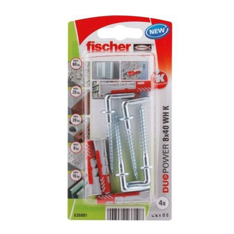 Fischer Universal Plug 8 x 40mm + L Hook 4Pcs DUOPOWER 8X40 WH K NV 535001