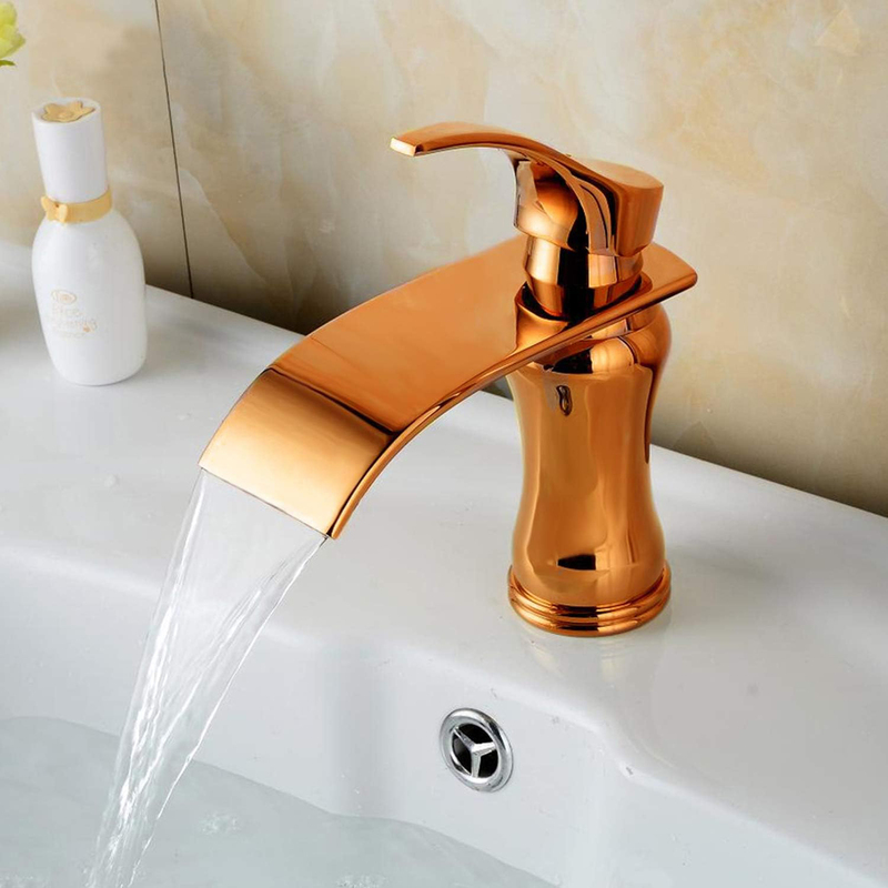 D & N Bathroom Mixer Luxury Short Single Hole Polished Wide Waterfall Spout Bathroom Wash Basin Sink Mixer Tap Faucet, 17cm, Rose Gold